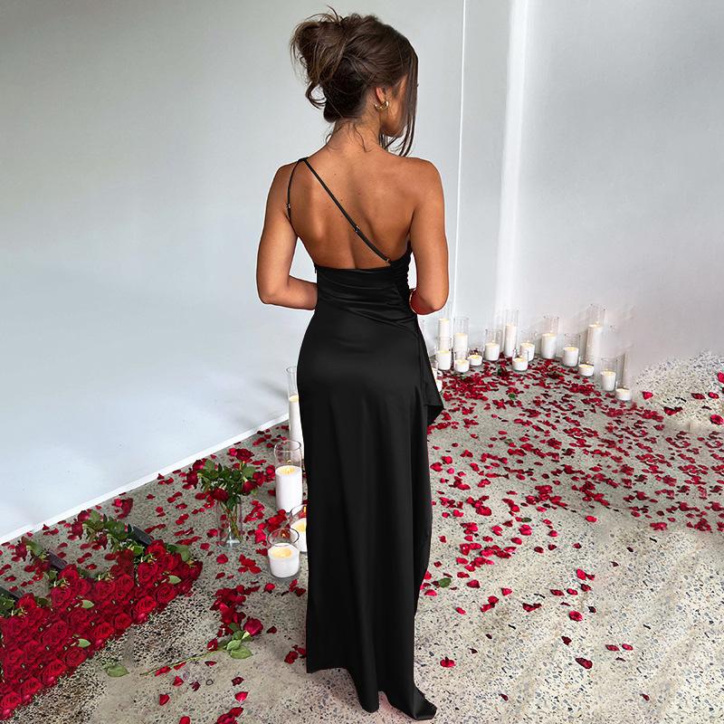 Sexy One-shoulder Backless Slit Dress Summer Elegant Slim-fit Solid Color Satin Dresses For Women Sexy One-shoulder Backless Slit Dress Summer Elegant Slim-fit Solid Color Satin Dresses For Women