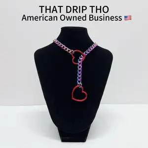 ThatDripTho Spicy Red Hearts Slip Chain Choker Necklace, Durable and Adjustable Cuba Long Pull Chain for Couples, GF, BF, Submission Jewelry for Alternative Women & Men, Alternative Goth Girl Collar Chain Necklace for Birthday, Party, Christmas Gift.