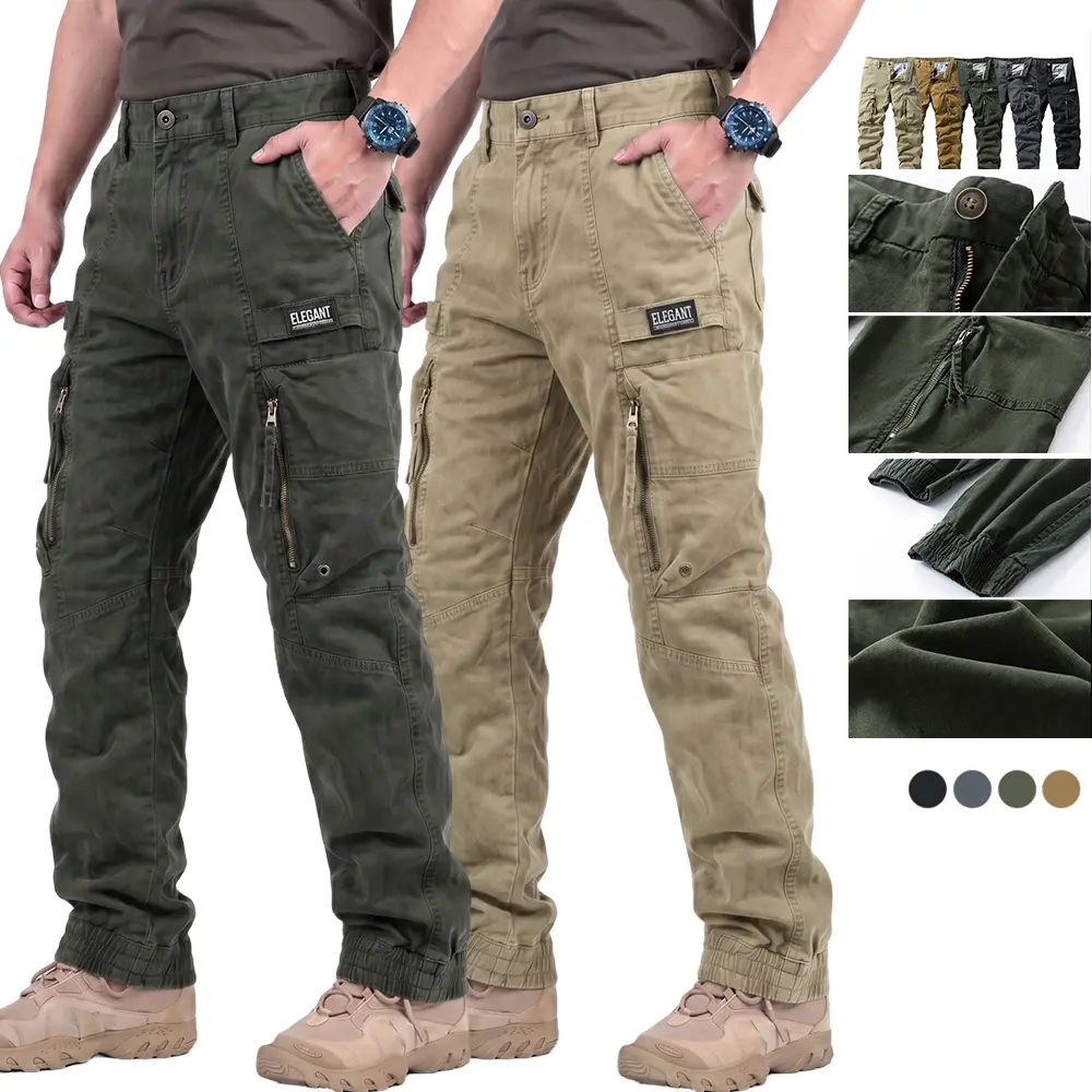 Men’s Mid-Waist Ankle-Length Tactical Cargo Pants - 100% Cotton, Multi-Pocket, Slightly Stretchy, Breathable, Quick-Dry Fabric, Button Closure, Athletic & Casual, Ideal for Outdoor Camping & Hiking, Spring & Autumn Wear