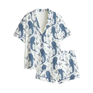 Women’s Whale Shark Beachy Long & Short Sleeve Satin Pajama Set, Gift for Her, Funny Lounge Outfit Gift, Loungewear Long & Short Set, Soft Sleeper Wearing