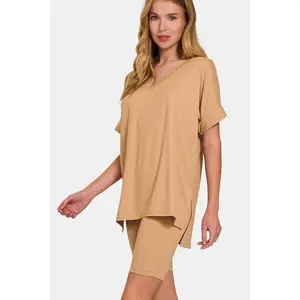 Zenana V-Neck Short Sleeve T-Shirt and Biker Shorts Set