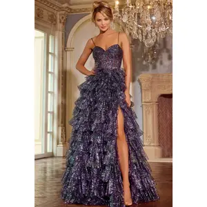 Jovani -39305 Ruffled Tiered Gown with Spaghetti Straps and Glitter Detail Prom Gown