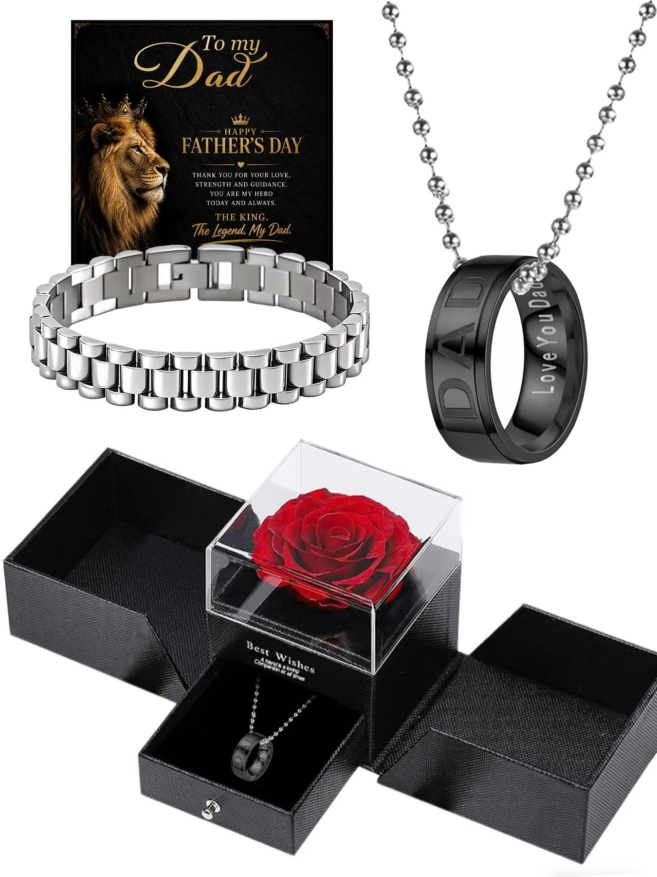 Father's Day Gift Set: "DAD" Engraved Necklace, Stainless Steel Bracelet & Preserved Rose Box. Waterproof, Hypoallergenic Jewelry Sets (Gold/Silver/Black). Ideal for Dad, Husband, Boyfriend—great for Father’s Day, Birthdays & Daily Wear.
