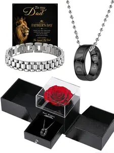 Father's Day Gift Set: "DAD" Engraved Necklace, Stainless Steel Bracelet & Preserved Rose Box. Waterproof, Hypoallergenic Jewelry Sets (Gold/Silver/Black). Ideal for Dad, Husband, Boyfriend—great for Father’s Day, Birthdays & Daily Wear.