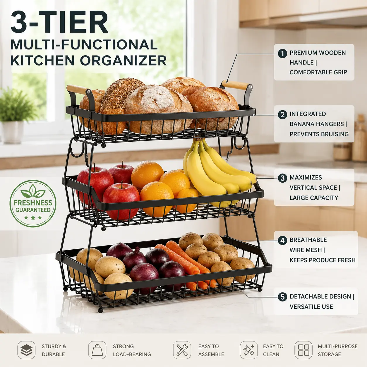 3-Tier Fruit Basket with 2 Banana Hangers, Detachable Wire Countertop Organizer with Wooden Handles, Multipurpose Storage Rack for Kitchen Produce, Bread, Spices, and Bathroom Toiletries