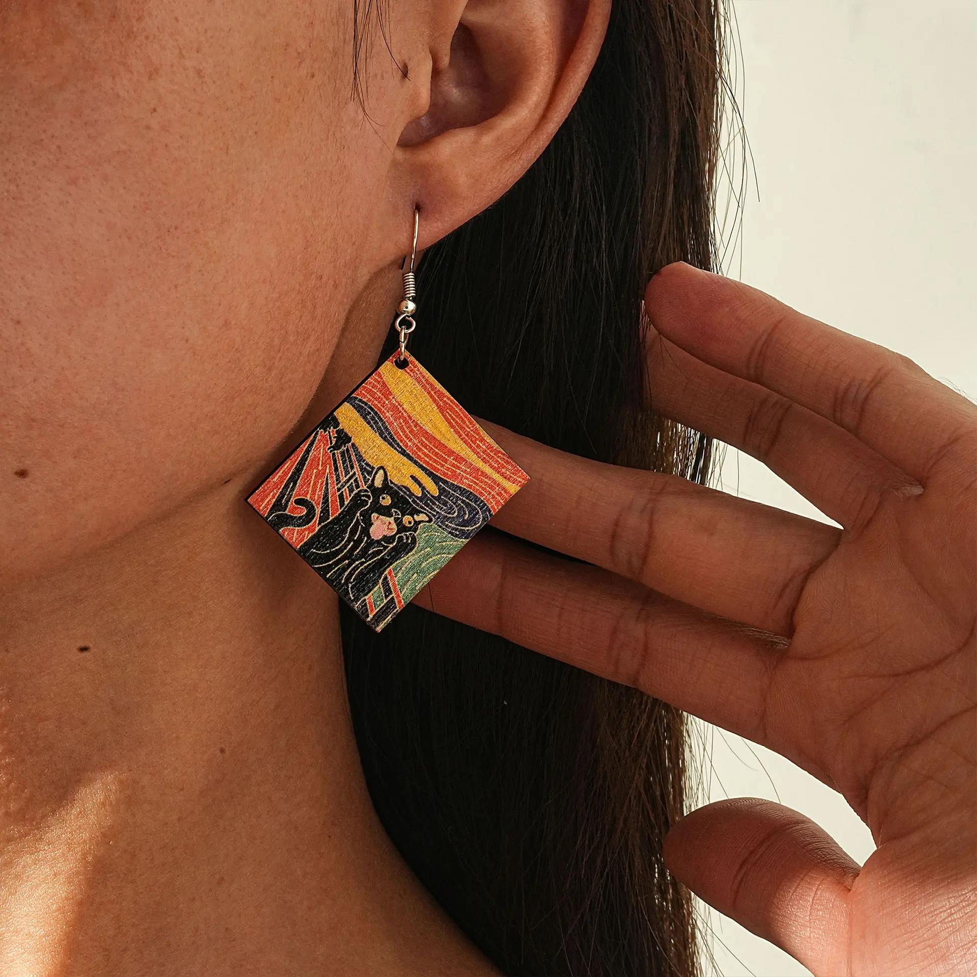 Fully-managed eco-friendly wooden earrings, personalized impressionist Van Gogh oil painting cat earrings