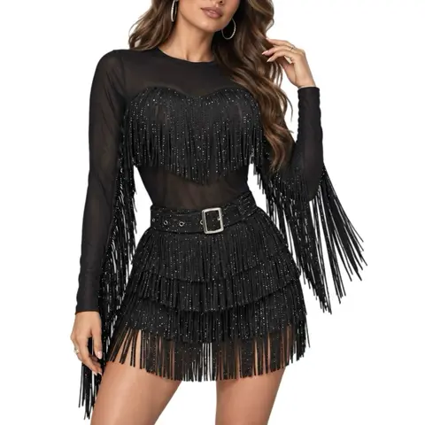 Selena Fringe Full Stone Top | Rhinestone Fringe Mesh Long Sleeve Top – Women’s Trendy Statement Fashion Top