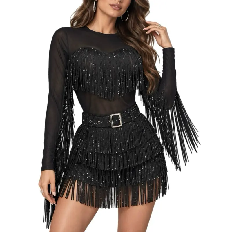 Selena Fringe Full Stone Top | Rhinestone Fringe Mesh Long Sleeve Top – Women’s Trendy Statement Fashion Top