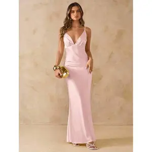 Women's Sleeveless Deep V-Neck Backless Satin Long Dress, Yellow, Suitable For Vacation, Party, Birthday, Brunch, Bridesmaid, Wedding Guest, Elegant,Fall Wedding Guest Dress