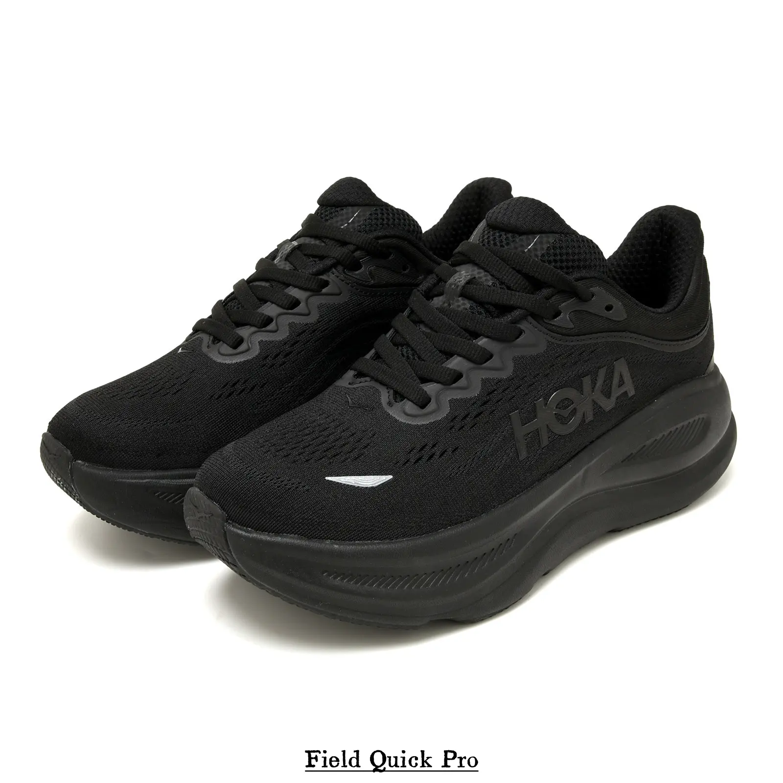 Matte Black Runners — Synthetic Mesh Upper with Heat-Pressed Structure, Contoured Thick EVA Midsole, Deep Gray Rubber Outsole, Integrated Heel Loop