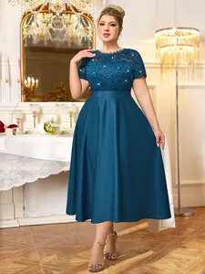 MISSMAY P25536A Plus Sequin Floral Lace Scallop Neckline Contrast Satin Elegant Evening Party Dress, Wedding Guest Dress, Prom Dress, For Birthday, Dinner, Festivals