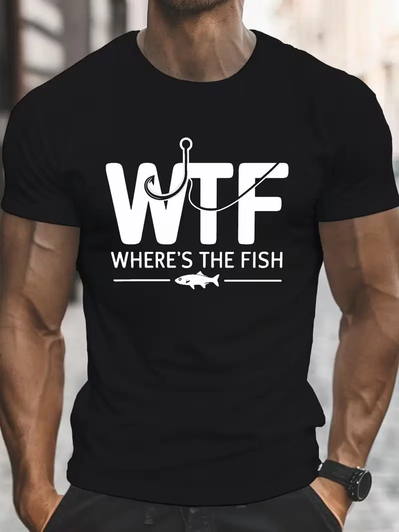 WHERE's THE FISH? Men's Casual Crew Neck T-Shirt - Lightweight, Comfy Tee for Summer, Geometric Print - For Men - Perfect for Casual Wear & Summer Activities - Great Gift for Fun-Loving Guys
