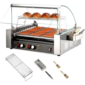 ROVSUN Commercial Hot Dog Roller, 7/9/11 Rollers 18/24/30 Hot Dog Machine Roller Grill Cooker w/Cover, Dual Temp Control, LED Lighting, Removable Shelf & Drip Tray for Party Home ETL1650W