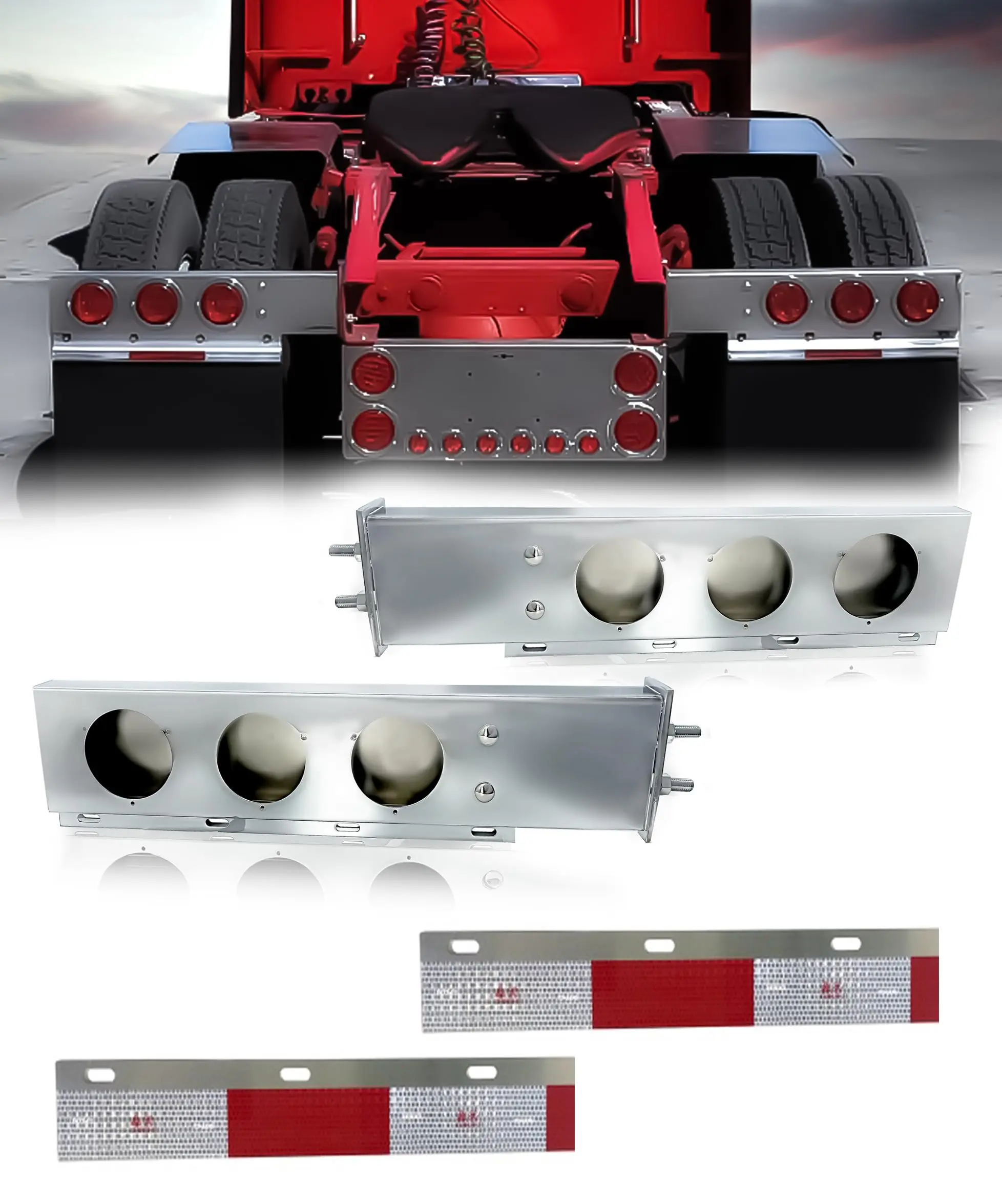 TORQUE Chrome Finish Mud Flap Hanger for Semi Trucks, Commercial Trucks & Vehicles - 2-1/2" Bolt Spacing, 30" Straight, 4" Light Cutouts, Spring Loaded, Reflector Mount, Right/Left Included, Lights Not Included (TRMFH308 + TRMFHREFS24)