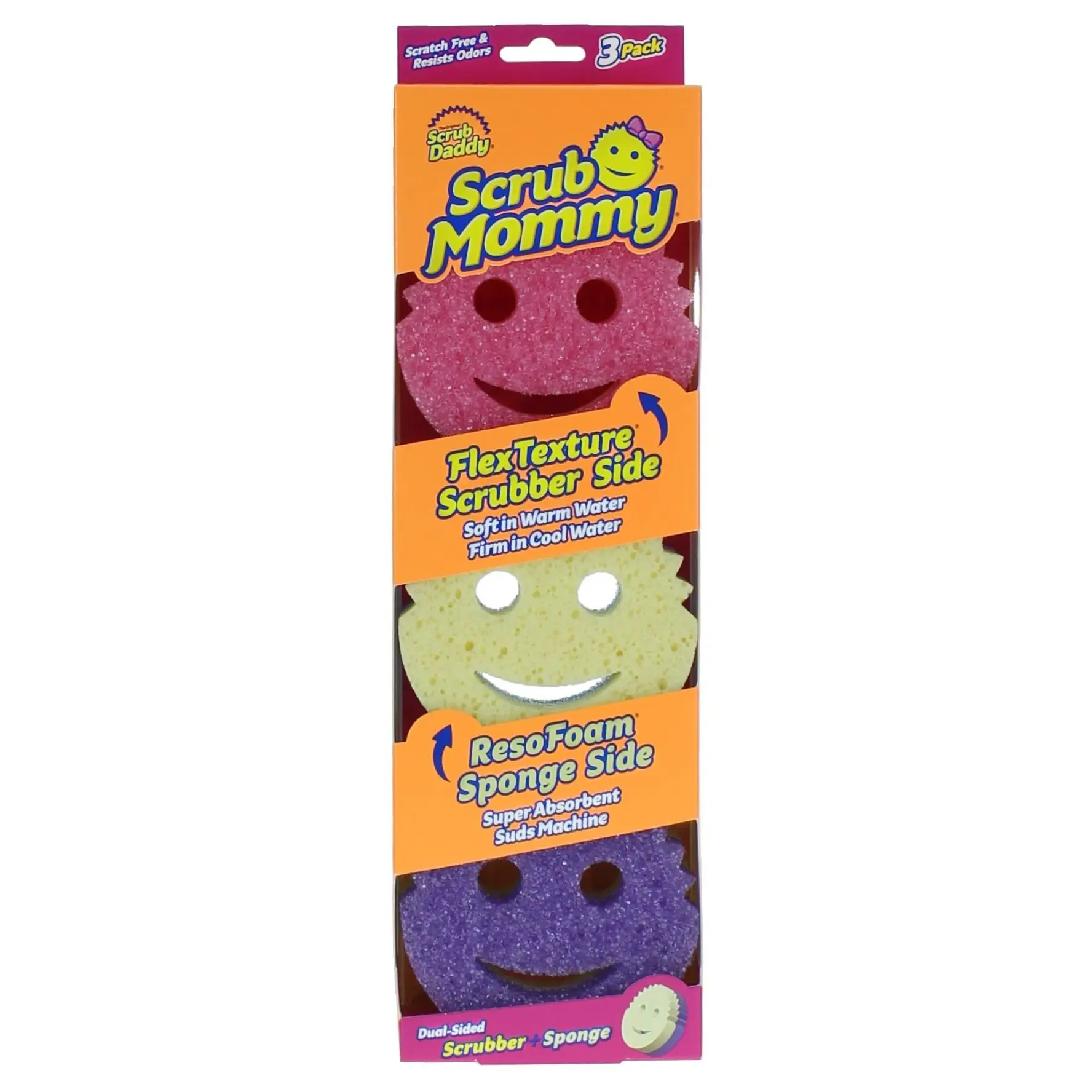 Scrub Mommy Sponges (3ct) - Multicolor Flexible Texture & Reso Foam Sponge Side for Effective Cleaning