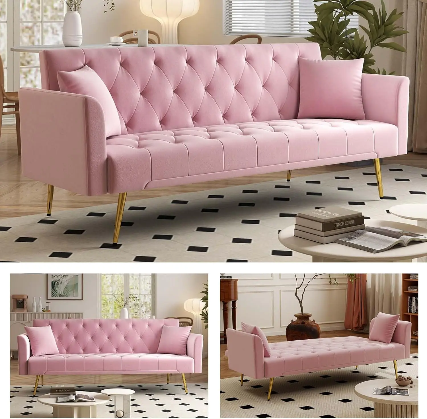 72" Folding Futon Sofa Bed, Velvet Convertible Sleeper Couch with Adjustable Backrest & 2 Pillows, Tufted Modern Loveseat for Living Room Office Small Spaces,Adjustable Backrest,Pink