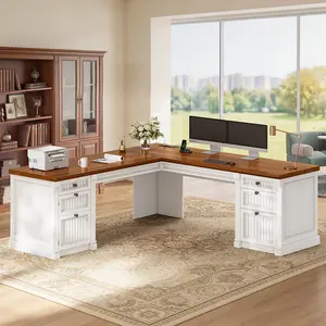 Sedeta 67-Inch L-Shaped Wooden Office Furniture Desk, American-Style Executive Workstation with 4 File Drawers, Storage Cabinet, Power Strip, Thick Panels & Sturdy Frame