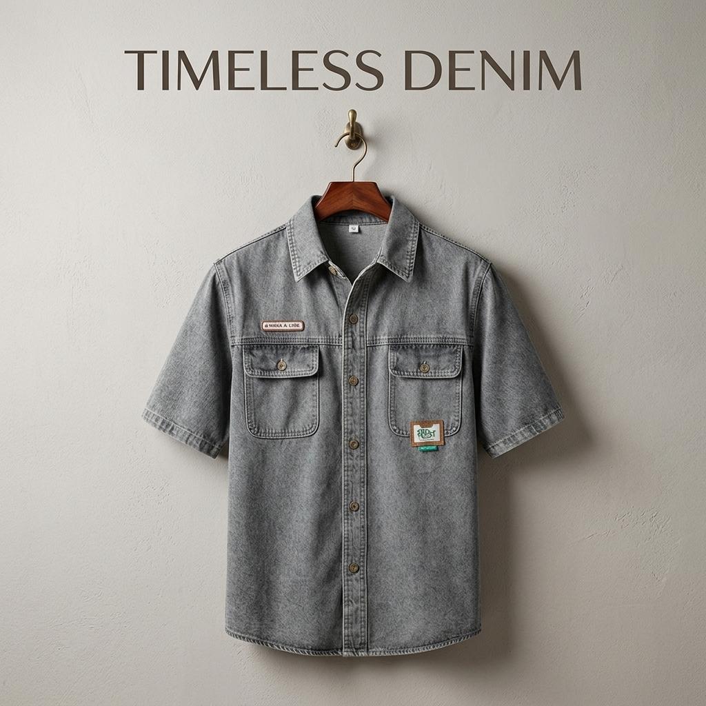 Men's  Washed Denim Shirt, Retro Distressed Biker  Shirt， Classic Trucker Shirt with Shoulder Stitching, Casual Button-Down Motorcycle Denim Shirt  for Men, Fashion Streetwear Denim Shirt for Daily Wear, Riding, Outdoor