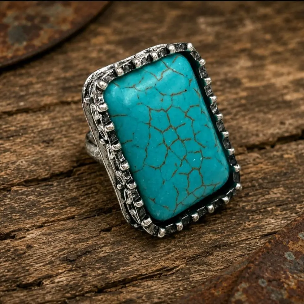 Large Turquoise Rectangle Block Stone Western Stretch Ring