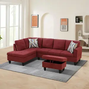Red Fluffy Fabric 3-Piece Sofa Set, Luxe Plush Upholstered Living Room Furniture with Soft Deep Seating, Modern Stylish Design for Bedroom, Apartment and Small Space