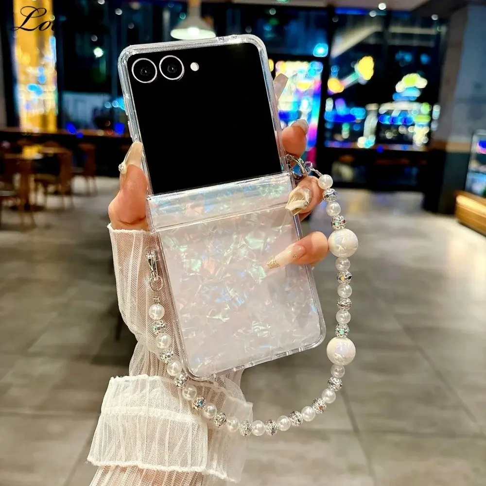 Luxury Shell Pattern Beads Bracelet Case for Samsung Galaxy Z Flip 7 6 5 8 flip 3 4 zflip7 Hand Wrist Chain Acrylic Hard Cover
