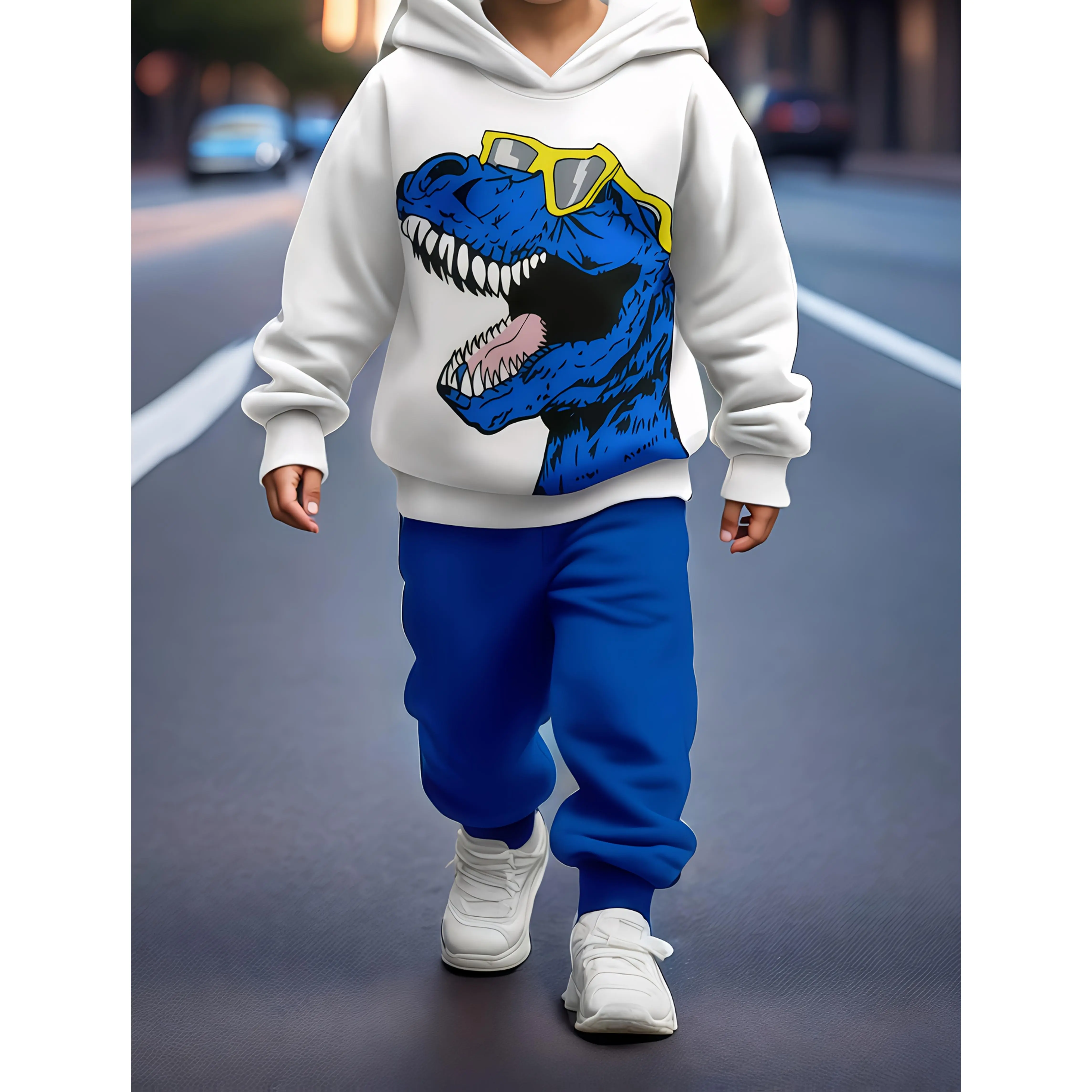 Boys' 2-Piece Cartoon Dinosaur Print Sports Set - Comfortable Hooded Sweatshirt, Full-Length Jogger Sweatpants for Kids Outdoor Play, Casual Leisure Wear, Long Sleeve, Athletic, Cartoon Print, All Over Print Boys' Sets