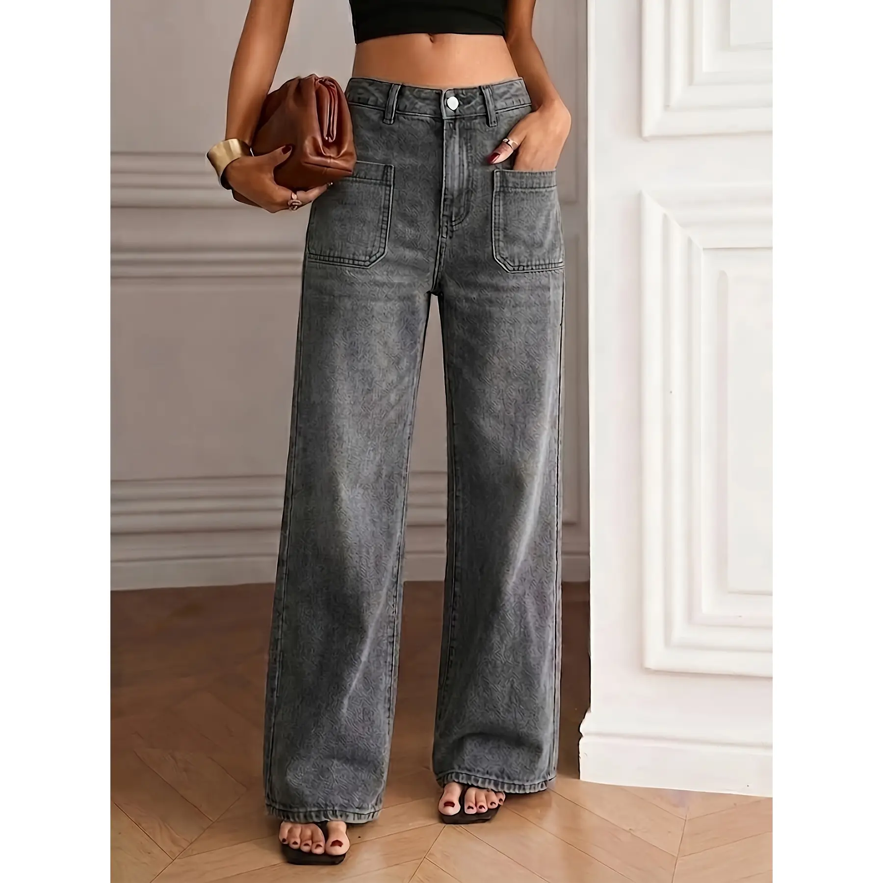 Women's Gray High Waist Wide Leg Denim Jeans with Front Patch Pockets, Full Length, S-2XL