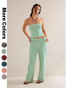 Women's Striped Print Crop Tube Top & Wide Leg Pants Set Street Fashion Casual Two-piece Summer Outfit for Daily Wear Athletic Leisure
