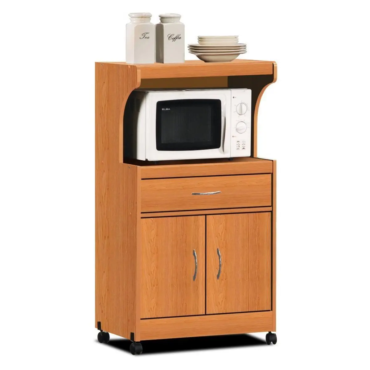 Hodedah HIK72 Wood Finish Microwave Cart - Cherry, Wood Multi-Compartment Space-Saving Storage Small-Scale Kitchen Furniture with Wheels, Drawer, Shelf