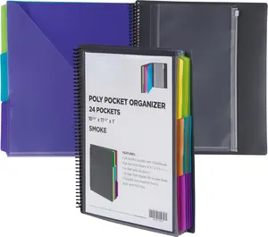 Plastic Multi Pocket Folder - 24 Pocket Organizer with Zipper Pouch -  Grey with Colorful Tabs - 10 1/2 x 11 1/2 - Sold Individually