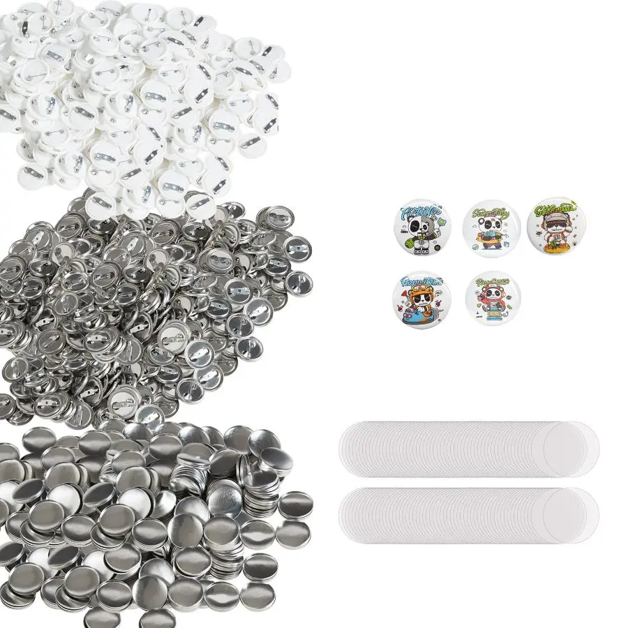 VEVOR 500 Sets 1 inch 25mm Pin Back Button Parts, DIY Round Button Badge Parts, Set Includes Metal Top, Plastic/Metal Button, Clear Film, and Blank Paper For Gifts Presents, Machine NOT Included