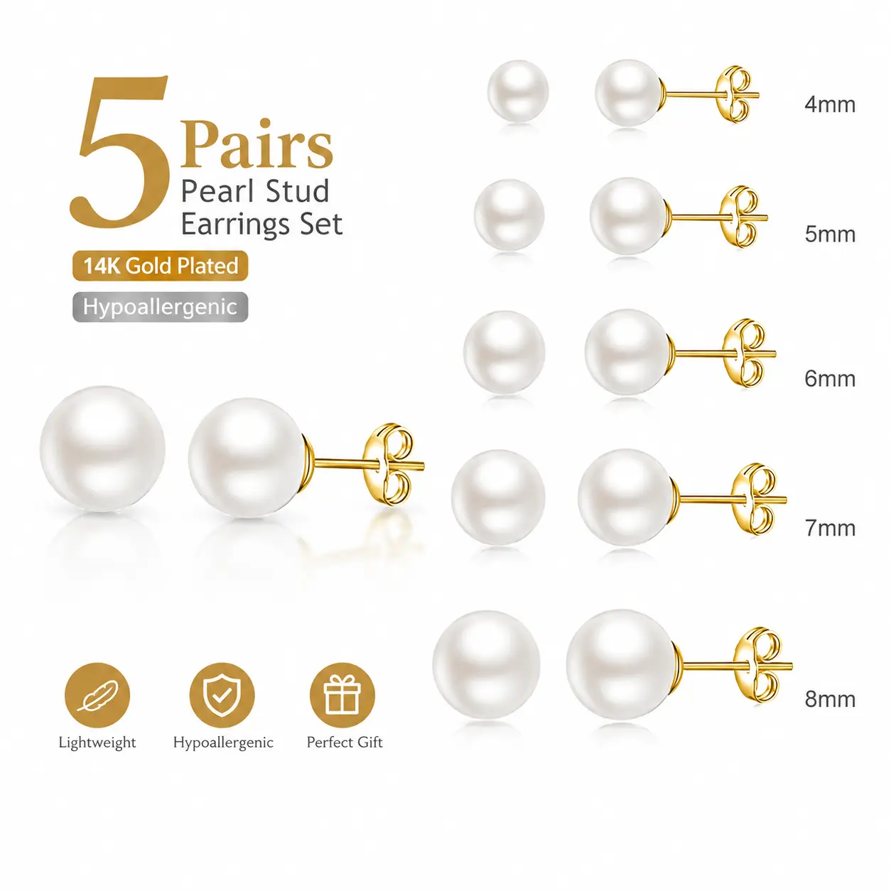 5 Pairs Pearl Earrings Small Ball Stud Earrings for Women Set | 14K Plated Gold & Silver Flat Back Cartilage Earring Hypoallergenic Lightweight Jewelry Gifts