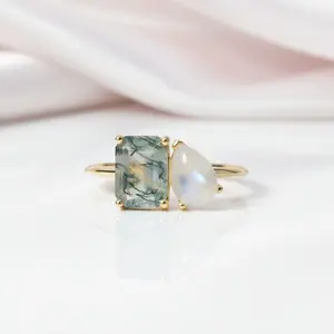 Milky Blue Moonstone Moss Agate Engagement Ring