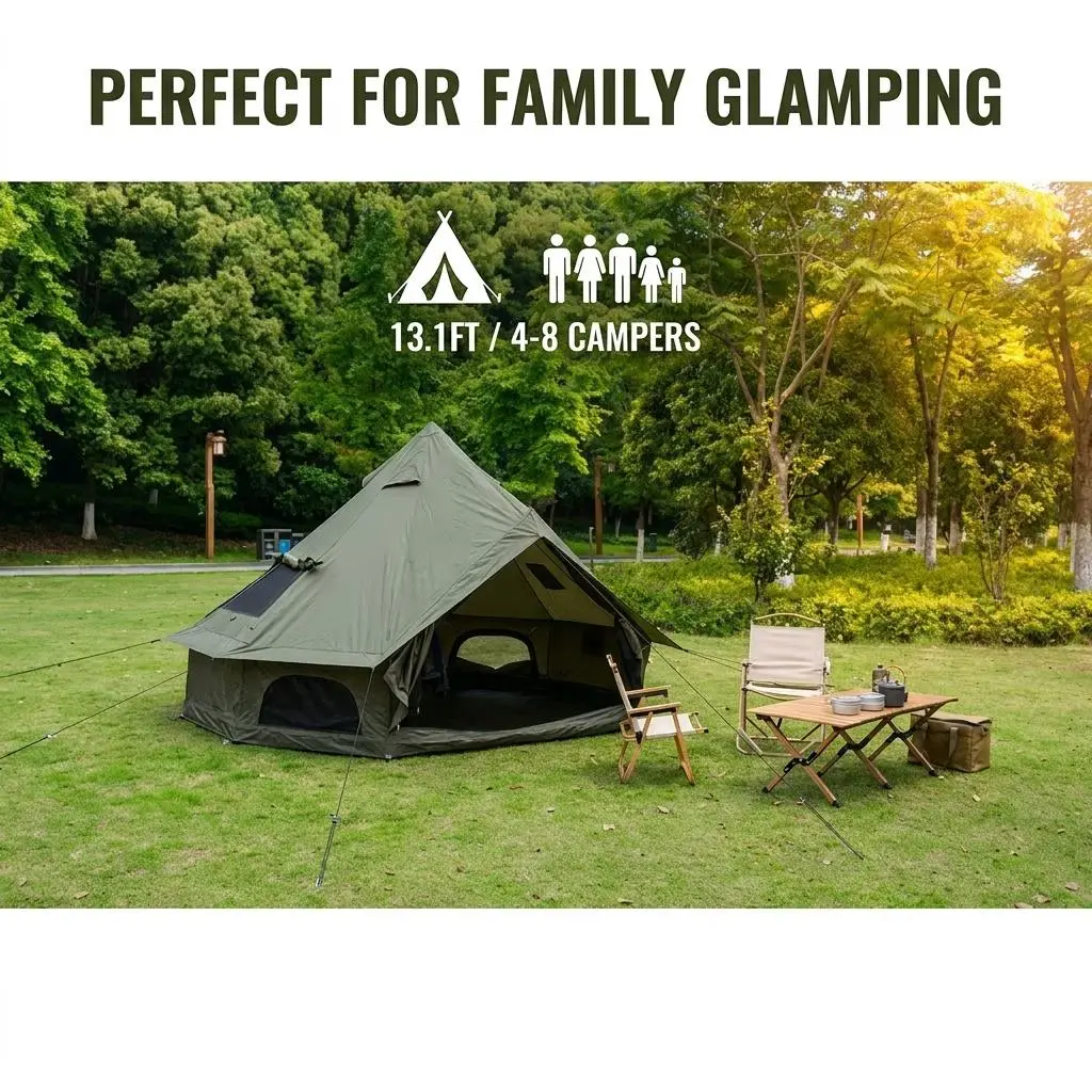 Ultimate 4-Season Family Yurt: 13.1ft Waterproof Bell Tent with Stove Jack - Green, Fits 4-8 People