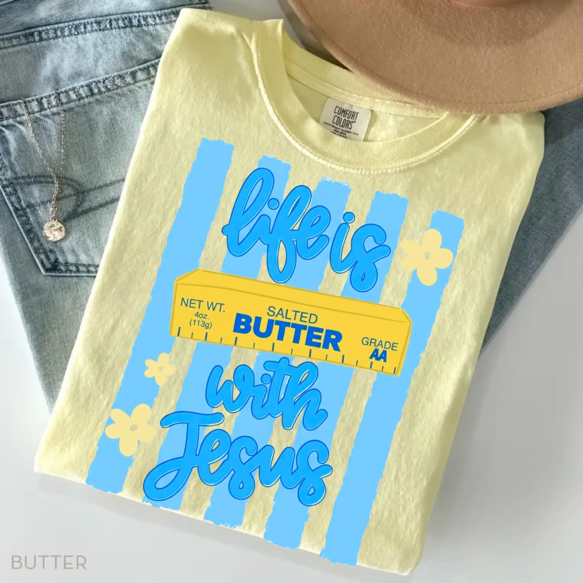 Comfort Colors Life Is Better With Jesus Shirt, Christian Faith Based Tee, Butter Graphic Coquette Striped T-Shirt, Cute Church Outfit Gift