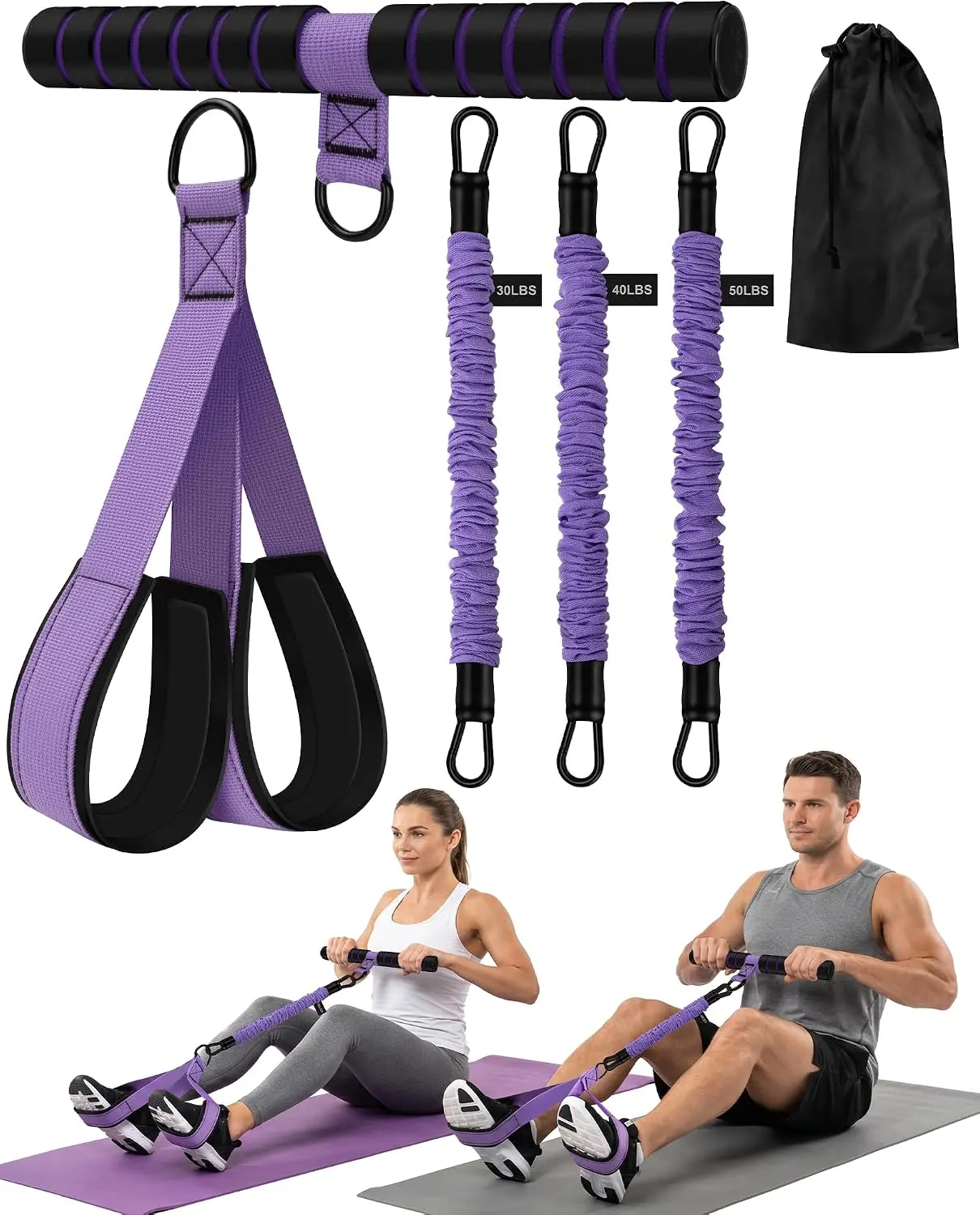 Women's Multifunctional Portable Pedal Resistance Band with Handle - 3 Adjustable Tubes (30/40/50LB), Home Gym Equipment for Core, Abs, Arm Workouts