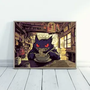 Gengar Ramen Series Landscape Poster: Japanese Style Pokemon Inspired Anime Artwork, Unframe Poster/Canvas 1.5 in Frame
