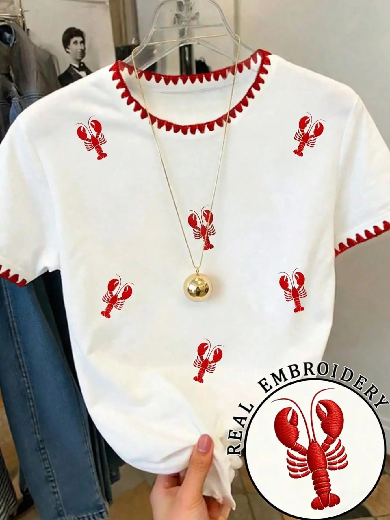 Women's Lobster Embroidery Printed Fit T-Shirt, Trim Round Neck Short Sleeve Top, Cute Summer Handmade Edge Design, Casual Tops
