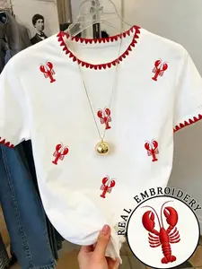 French Fresh Red Lobster Printed Crew Neck T-Shirt Colorful Wave Trim Casual Slim Fit Versatile Daily Top Summer