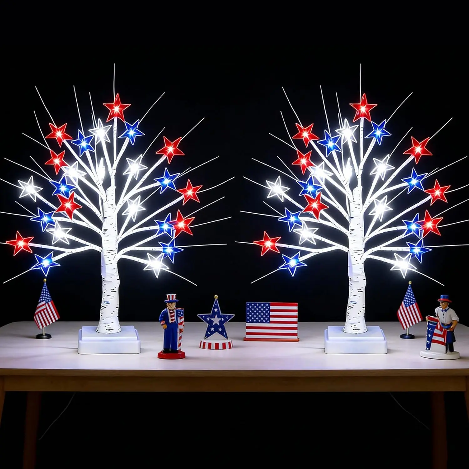 2 Pack 4th of July Decorations, Patriotic Red White Blue Tree Lights with 24 LED Star Lights, Timer USB & Battery Operated, Indoor Outdoor Independence Day Decor