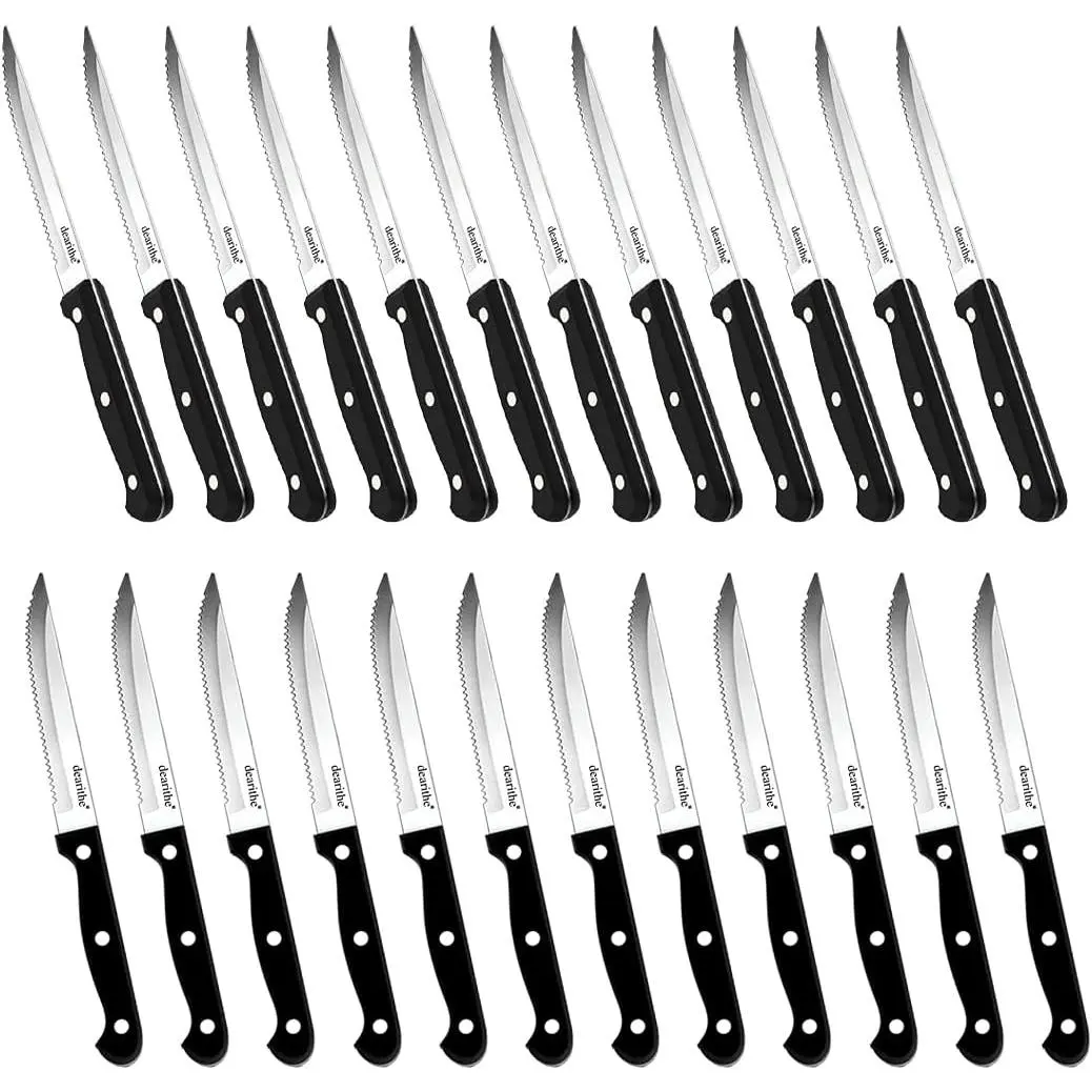 24-Piece Steak Knives Set, Black Full-Tang Triple Rivet Serrated Stainless Steel Knives with 4.5 in Sharp Blades, Dishwasher Safe for Restaurant Kitchen, Camping Tableware