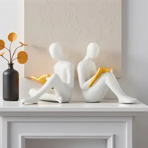 Creative Unique Pure Color Simple Reading Gold Man Statue Figurine, Abstract Figure Sculpture, Decorative Sculptures, Home Decor Multi-Functional Desktop Ornament Bookshelf Gift