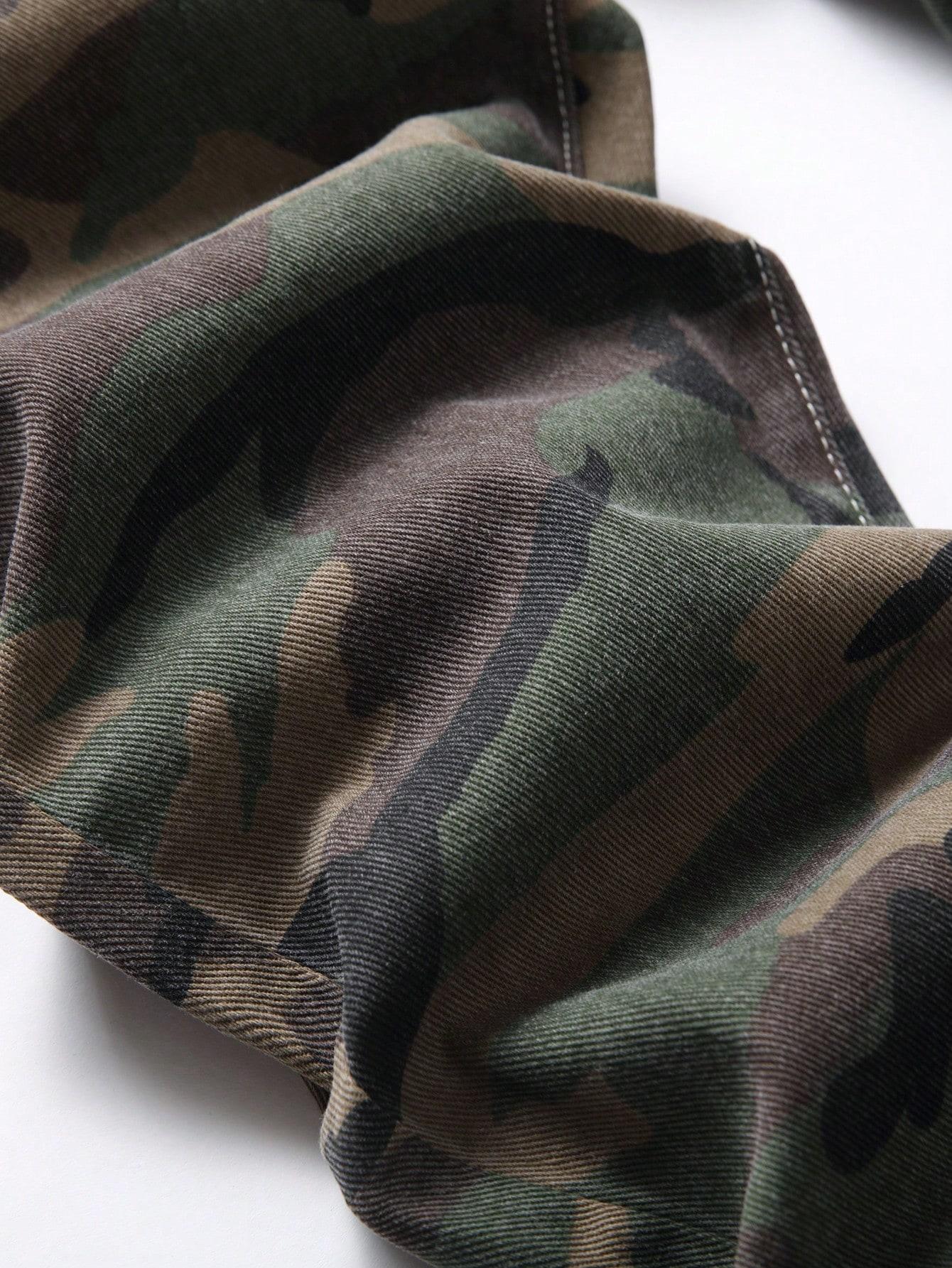 2 Pieces Men's Jeans Black & Camouflage Pattern Fashion Denim Pants Y2k Streetwear Ripped Casual Trouser Pocket Menswear