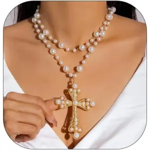 Gothic Cross Necklace for Women Chunky Statement, Big Pearl Beaded Cross with Sparkling Crystal, Punk Exaggerated Jewelry for Daily Wear Necklets