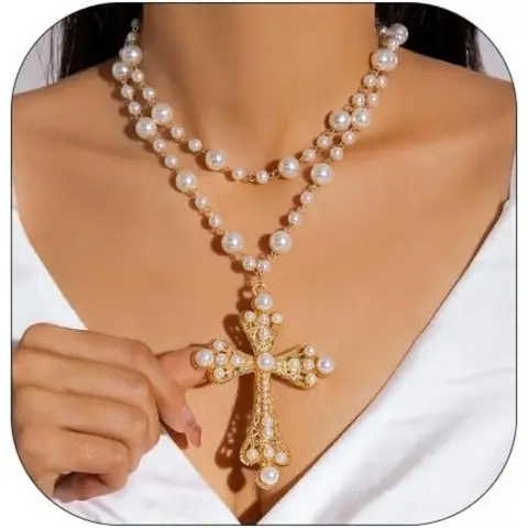 Women's Bold Goth Alloy Cross Necklace - Pearls Beading, Sparkling Crystals, Chunky Statement Costume Jewelry, Faith-Punk Accessory for Daily Wear & Christmas