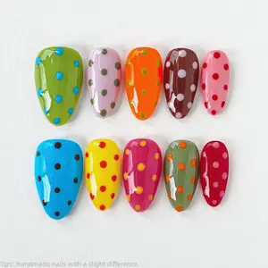 10Pcs Handmade Colorful Polka Dots Press On Nails, Almond Shape Nails, Y2K Almond Fake Nails, Cute Rainbow Nail Art For girls Spring and Summer Nails