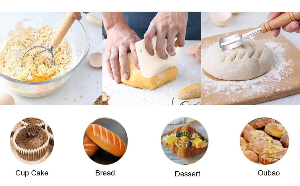 3PCS Stainless Steel Bread Lame and Danish Dough Whisk Set with 5 Replacement Blades, Scoring Bread Knife, Dough Scraper, and Sourdough Scoring Mold for Baking Bread, Pastry, Pizza, and Cake