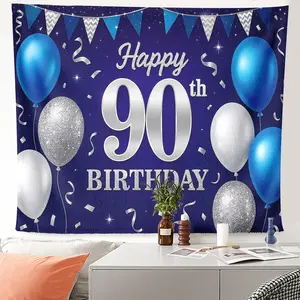 1pc Happy 90th Birthday Tapestry Blue Silver Balloons Party Backdrop Wall Decor for Adults - HD Printing Polyester Wall Hanging, Festive Home Aesthetic Decor