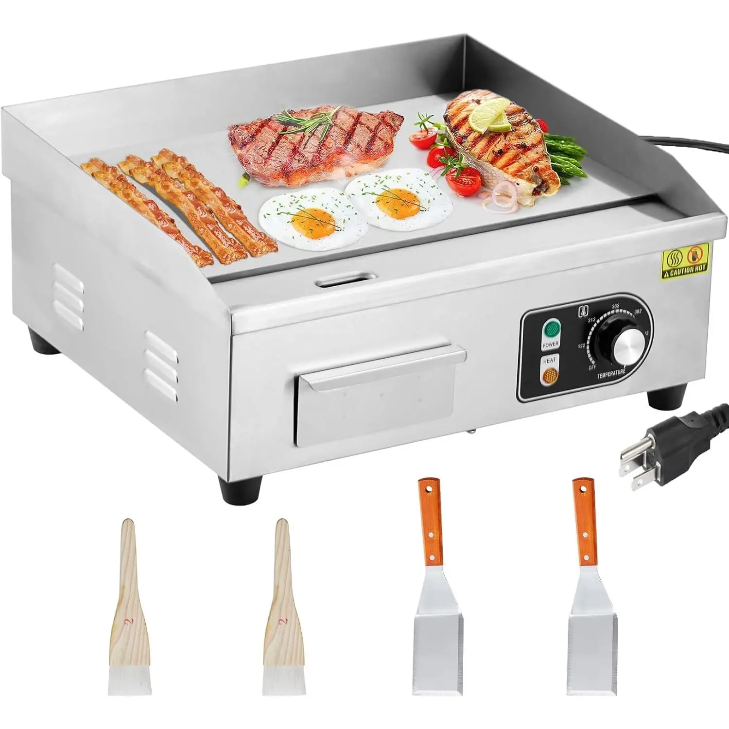 14'' Electric Countertop Griddle, 3000W Commercial Flat Top Grill with Adjustable Temp Control, Stainless Steel Non-Stick Teppanyaki Griddle for Restaurant Kitchen, 110V (No Plug)