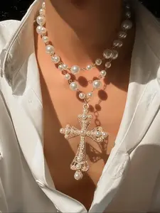 Gothic Cross Pearl Layered Necklace Set, 2 Pieces, Elegant Jewelry for Women, Stylish Accessory for All Occasions